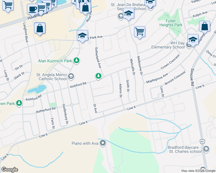 map of restaurants, bars, coffee shops, grocery stores, and more near 61 Orville Hand Court in Bradford West Gwillimbury