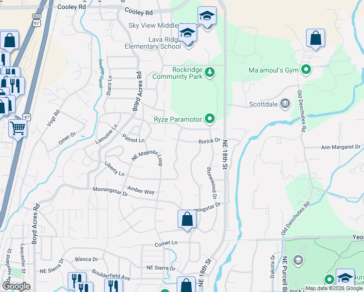 map of restaurants, bars, coffee shops, grocery stores, and more near 20837 Liberty Lane in Bend