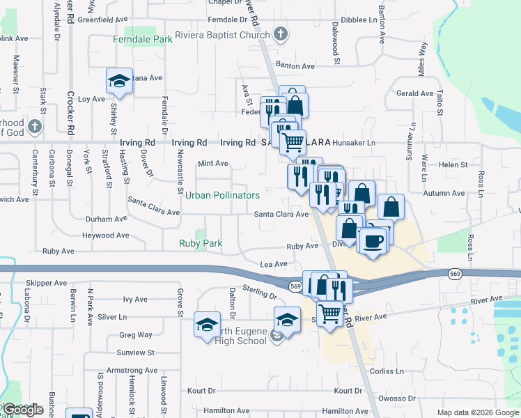 map of restaurants, bars, coffee shops, grocery stores, and more near in Eugene