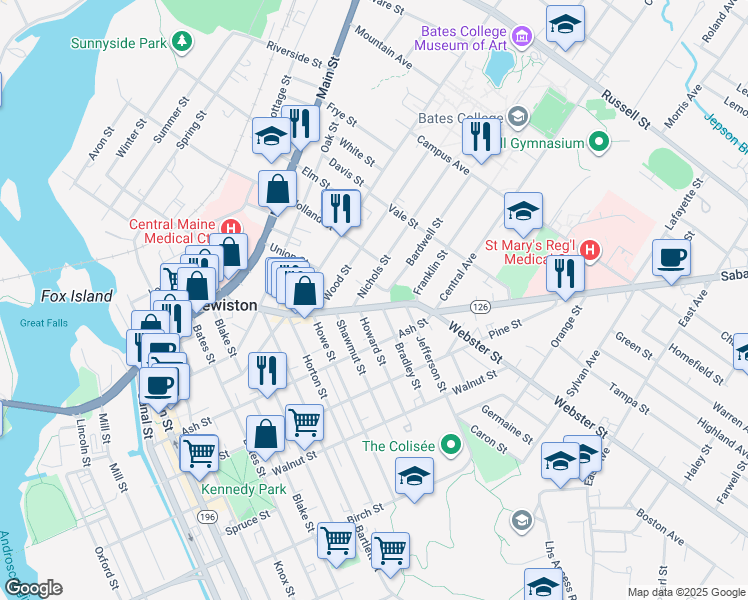 map of restaurants, bars, coffee shops, grocery stores, and more near 7 Howard Street in Lewiston