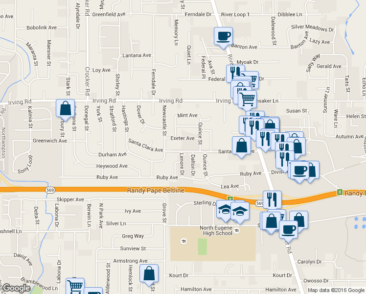 map of restaurants, bars, coffee shops, grocery stores, and more near 291 Santa Clara Avenue in Eugene