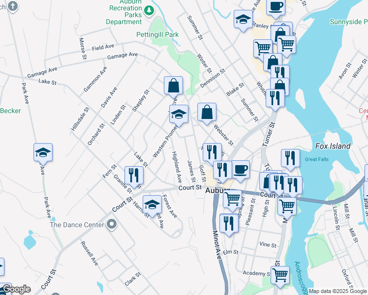 map of restaurants, bars, coffee shops, grocery stores, and more near 72 James Street in Auburn
