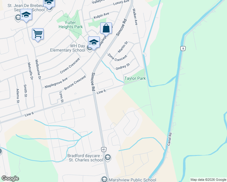 map of restaurants, bars, coffee shops, grocery stores, and more near 2555 Line 6 in Bond Head