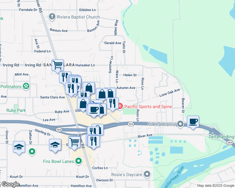 map of restaurants, bars, coffee shops, grocery stores, and more near 2615 Lone Oak Way in Eugene