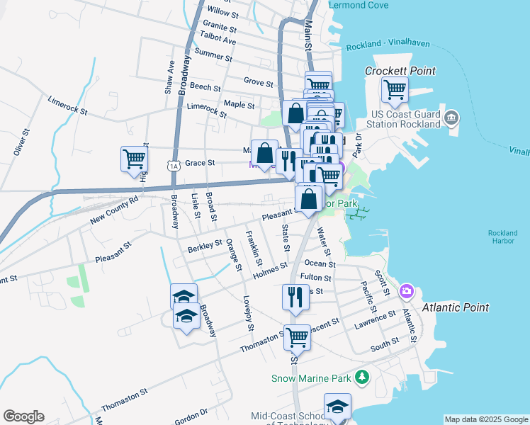 map of restaurants, bars, coffee shops, grocery stores, and more near 31 Purchase Street in Rockland