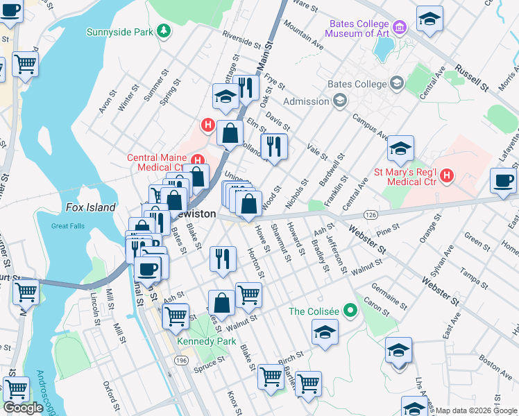 map of restaurants, bars, coffee shops, grocery stores, and more near 93 Sabattus Street in Lewiston