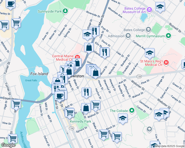 map of restaurants, bars, coffee shops, grocery stores, and more near 63 Maine 126 in Lewiston