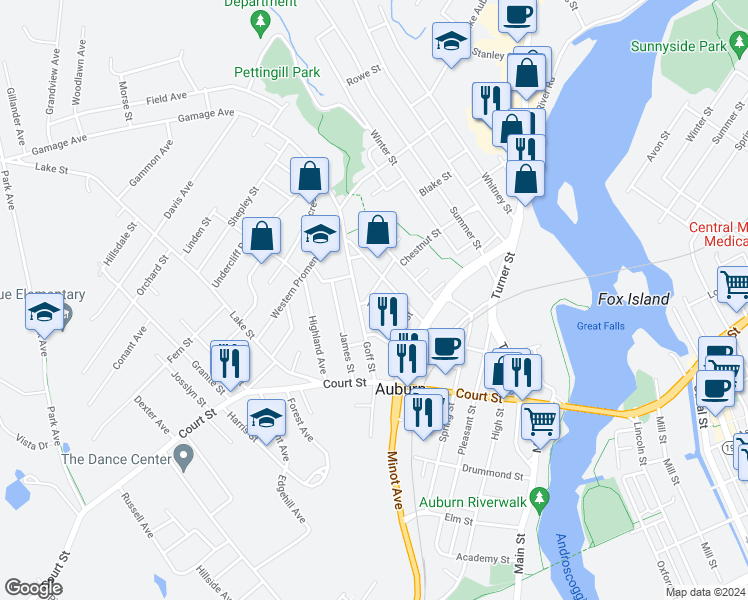 map of restaurants, bars, coffee shops, grocery stores, and more near 58 Goff Street in Auburn