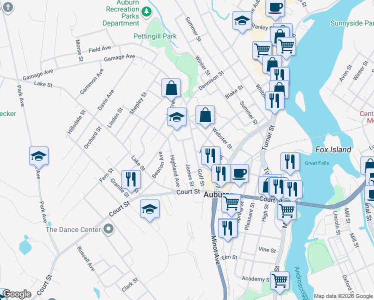 map of restaurants, bars, coffee shops, grocery stores, and more near 58 Goff Street in Auburn