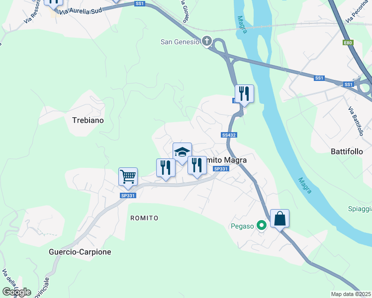 map of restaurants, bars, coffee shops, grocery stores, and more near 25 Via Gaggiola in Romito Magra