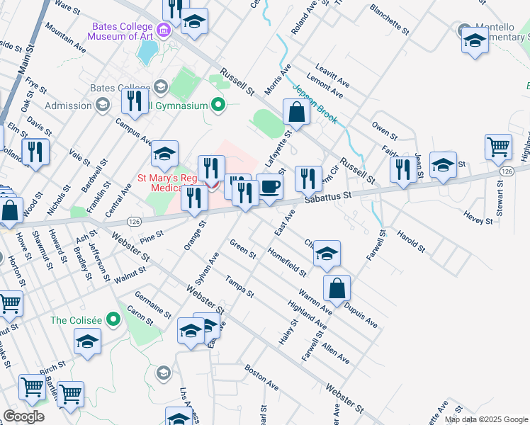 map of restaurants, bars, coffee shops, grocery stores, and more near 393 Sabattus Street in Lewiston