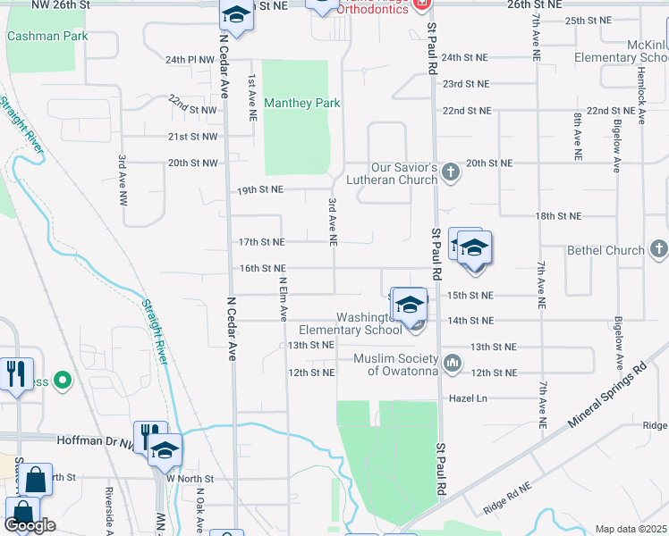 map of restaurants, bars, coffee shops, grocery stores, and more near 1600 3rd Avenue Northeast in Owatonna