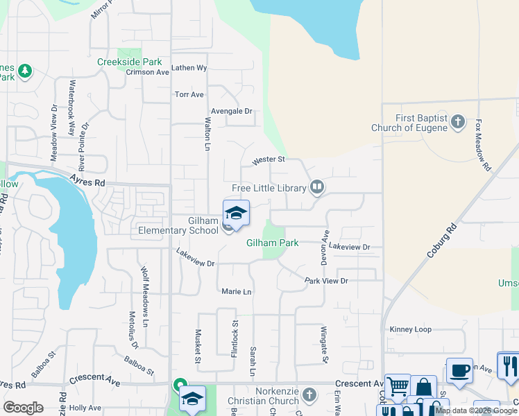 map of restaurants, bars, coffee shops, grocery stores, and more near 3176 Riverbend Avenue in Eugene