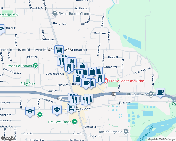 map of restaurants, bars, coffee shops, grocery stores, and more near 2610 Edgewood Drive in Eugene