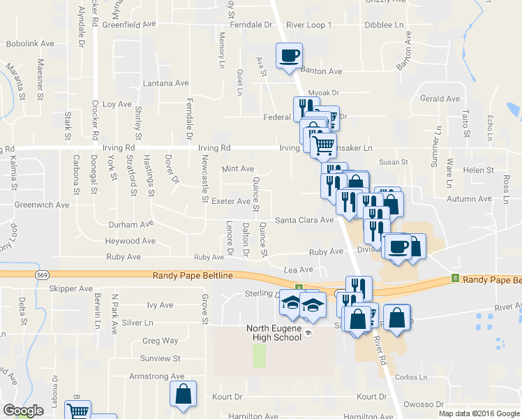 map of restaurants, bars, coffee shops, grocery stores, and more near 2490 Quince Street in Eugene