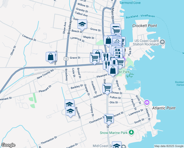 map of restaurants, bars, coffee shops, grocery stores, and more near 68 Pleasant Street in Rockland