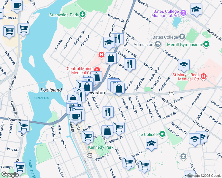 map of restaurants, bars, coffee shops, grocery stores, and more near 63 Maine 126 in Lewiston