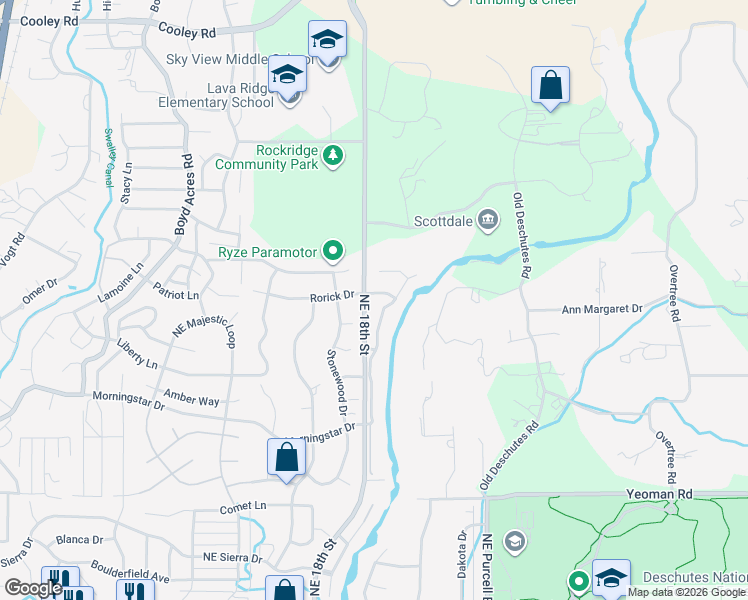 map of restaurants, bars, coffee shops, grocery stores, and more near 63346 Northeast Brightwater Drive in Bend
