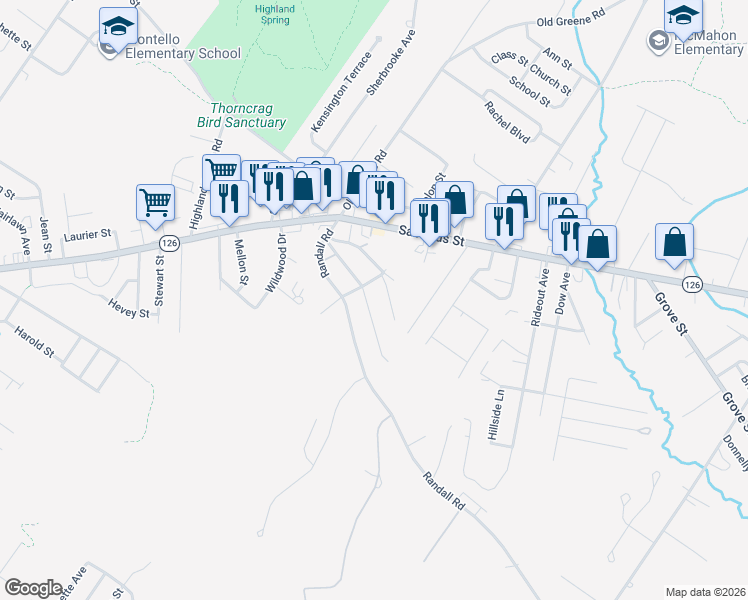 map of restaurants, bars, coffee shops, grocery stores, and more near 94 Randall Road in Lewiston