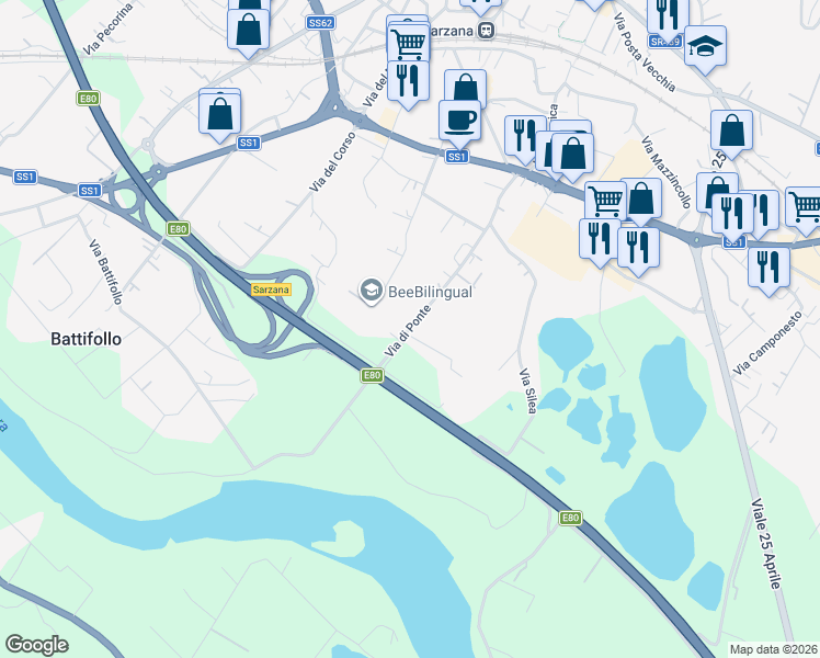 map of restaurants, bars, coffee shops, grocery stores, and more near 28 Via di Ponte in Sarzana