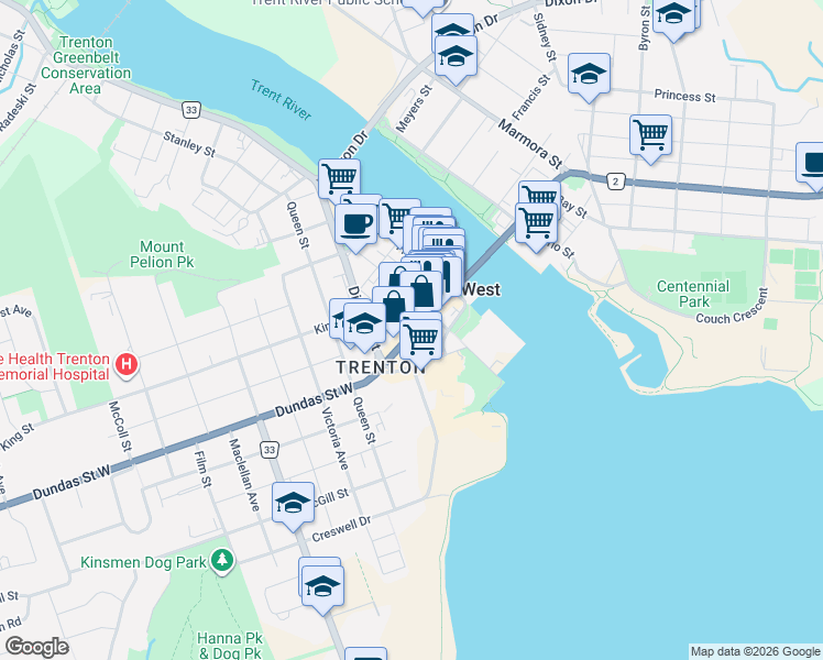 map of restaurants, bars, coffee shops, grocery stores, and more near 74 Dundas Street West in Quinte West