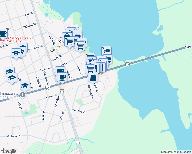 map of restaurants, bars, coffee shops, grocery stores, and more near 1874 Scugog Street in Port Perry