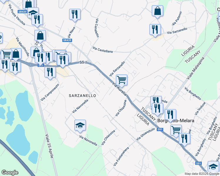 map of restaurants, bars, coffee shops, grocery stores, and more near 3 Via Navonella in Sarzana