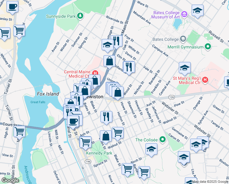 map of restaurants, bars, coffee shops, grocery stores, and more near 29 Union Street in Lewiston