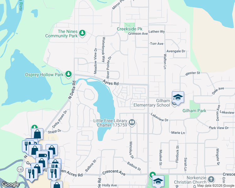 map of restaurants, bars, coffee shops, grocery stores, and more near 1710 Lake Shore Drive in Eugene