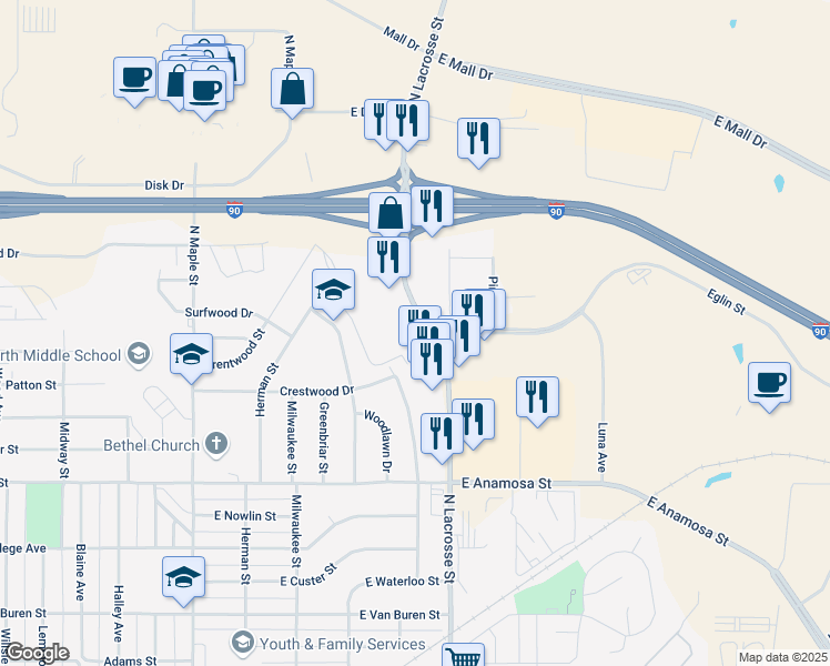 map of restaurants, bars, coffee shops, grocery stores, and more near 1623 North Lacrosse Street in Rapid City