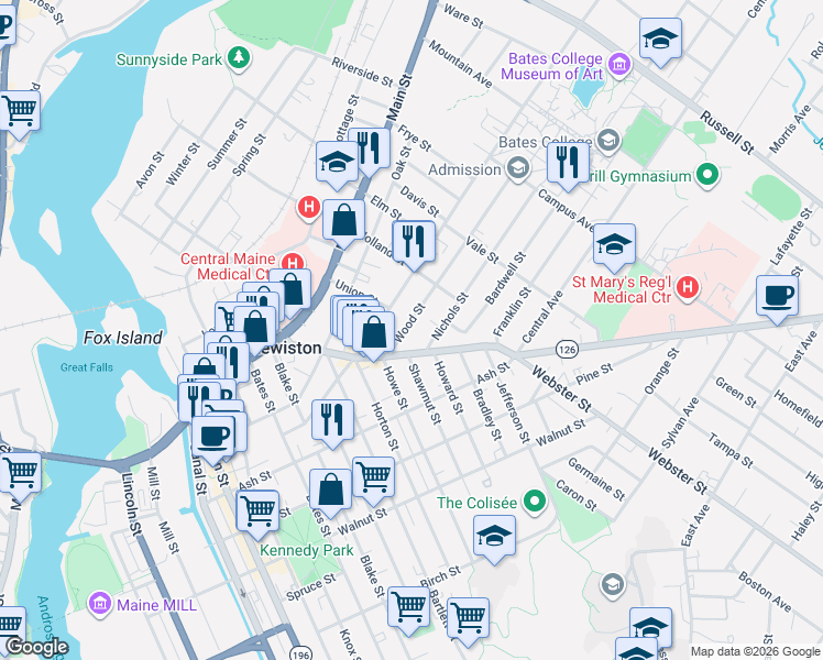 map of restaurants, bars, coffee shops, grocery stores, and more near 19 Wood Street in Lewiston