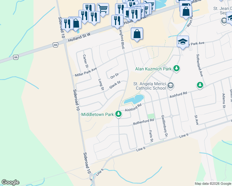 map of restaurants, bars, coffee shops, grocery stores, and more near Brookview Drive in Bradford West Gwillimbury