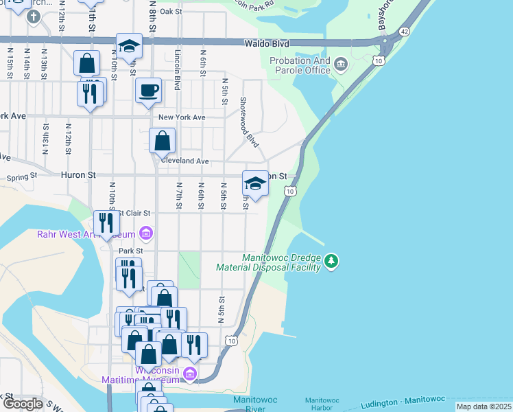 map of restaurants, bars, coffee shops, grocery stores, and more near 701 North 4th Street in Manitowoc