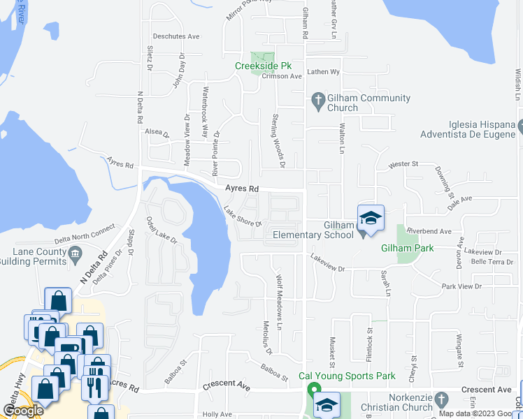 map of restaurants, bars, coffee shops, grocery stores, and more near 3335 Lake Glenn Drive in Eugene