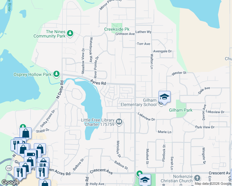 map of restaurants, bars, coffee shops, grocery stores, and more near 3335 Lake Glenn Drive in Eugene