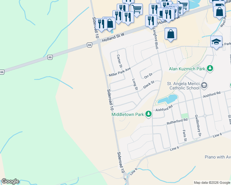 map of restaurants, bars, coffee shops, grocery stores, and more near 166 Richardson Crescent in Bradford West Gwillimbury