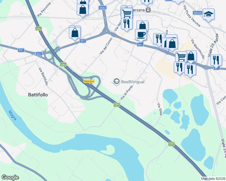 map of restaurants, bars, coffee shops, grocery stores, and more near 82 Via Giuncaro in Sarzana