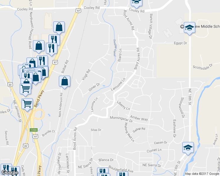 map of restaurants, bars, coffee shops, grocery stores, and more near 63355 Lamoine Lane in Bend