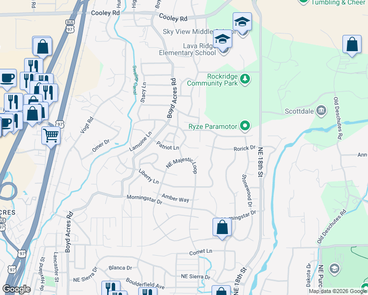 map of restaurants, bars, coffee shops, grocery stores, and more near 63366 Tristar Drive in Bend