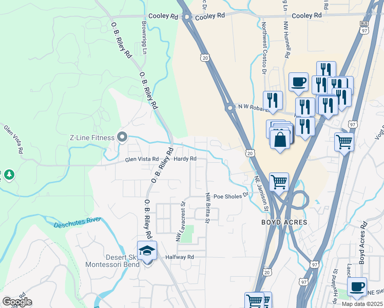 map of restaurants, bars, coffee shops, grocery stores, and more near 63369 Milestone Place in Bend