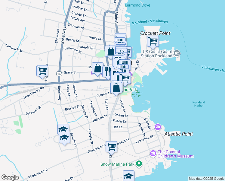 map of restaurants, bars, coffee shops, grocery stores, and more near 12 Union Street in Rockland