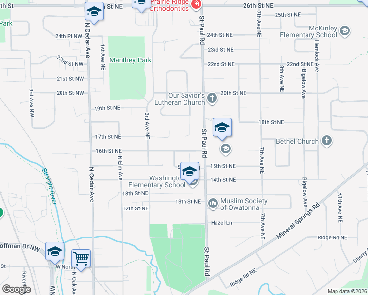 map of restaurants, bars, coffee shops, grocery stores, and more near 1715 Greenwood Place in Owatonna