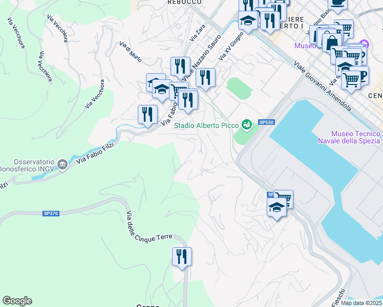 map of restaurants, bars, coffee shops, grocery stores, and more near Via Sant'Andrea in La Spezia