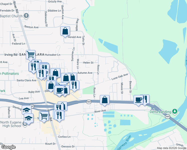 map of restaurants, bars, coffee shops, grocery stores, and more near 2629 Justine Lane in Eugene