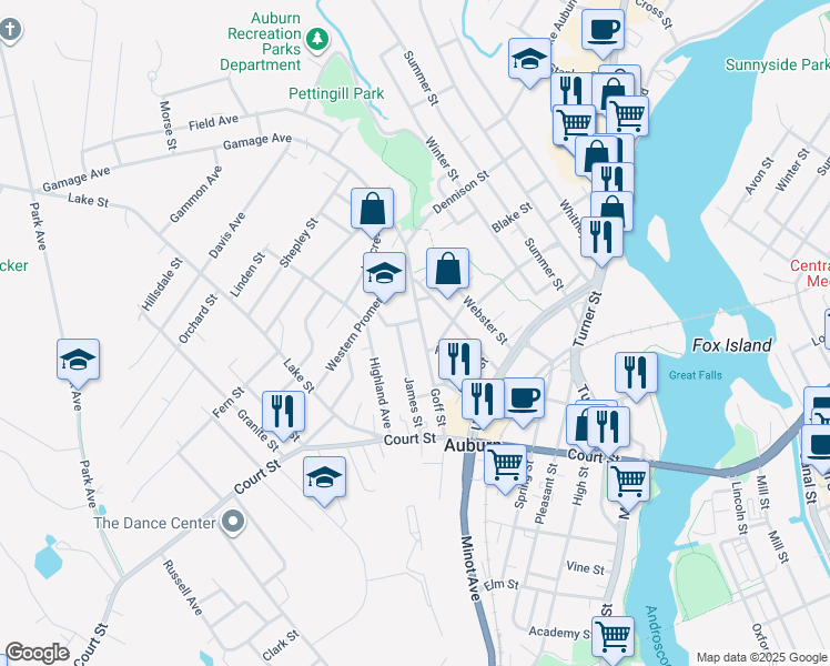 map of restaurants, bars, coffee shops, grocery stores, and more near 97 Goff Street in Auburn