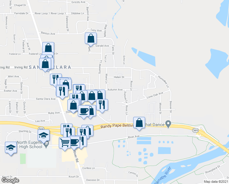 map of restaurants, bars, coffee shops, grocery stores, and more near 462 Autumn Avenue in Eugene