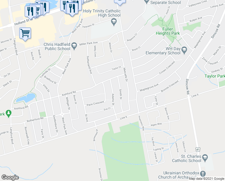 map of restaurants, bars, coffee shops, grocery stores, and more near 57 Adams Street in Bradford West Gwillimbury