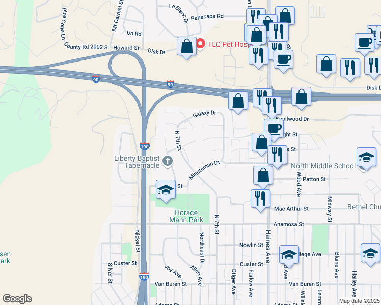 map of restaurants, bars, coffee shops, grocery stores, and more near 1720 North 7th Street in Rapid City