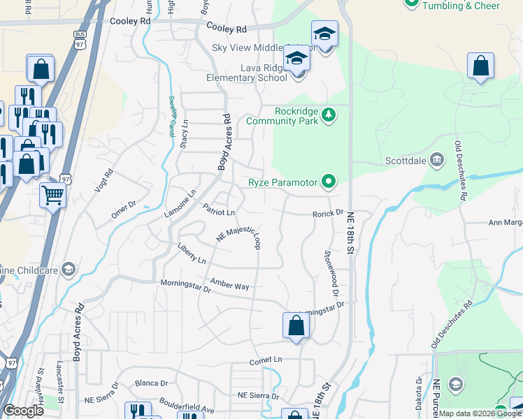 map of restaurants, bars, coffee shops, grocery stores, and more near 20797 Alpine Ridge Place in Bend