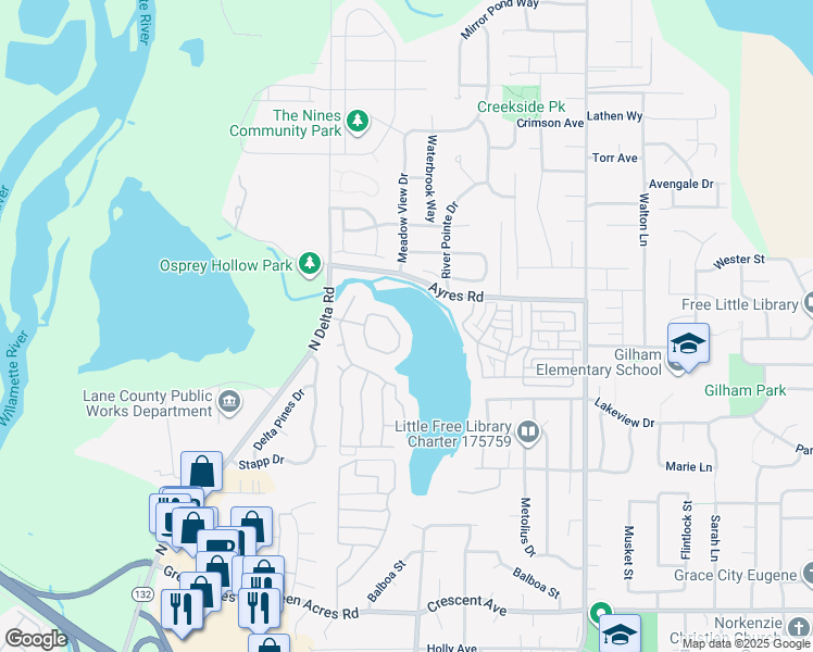 map of restaurants, bars, coffee shops, grocery stores, and more near Lakeridge Loop in Eugene